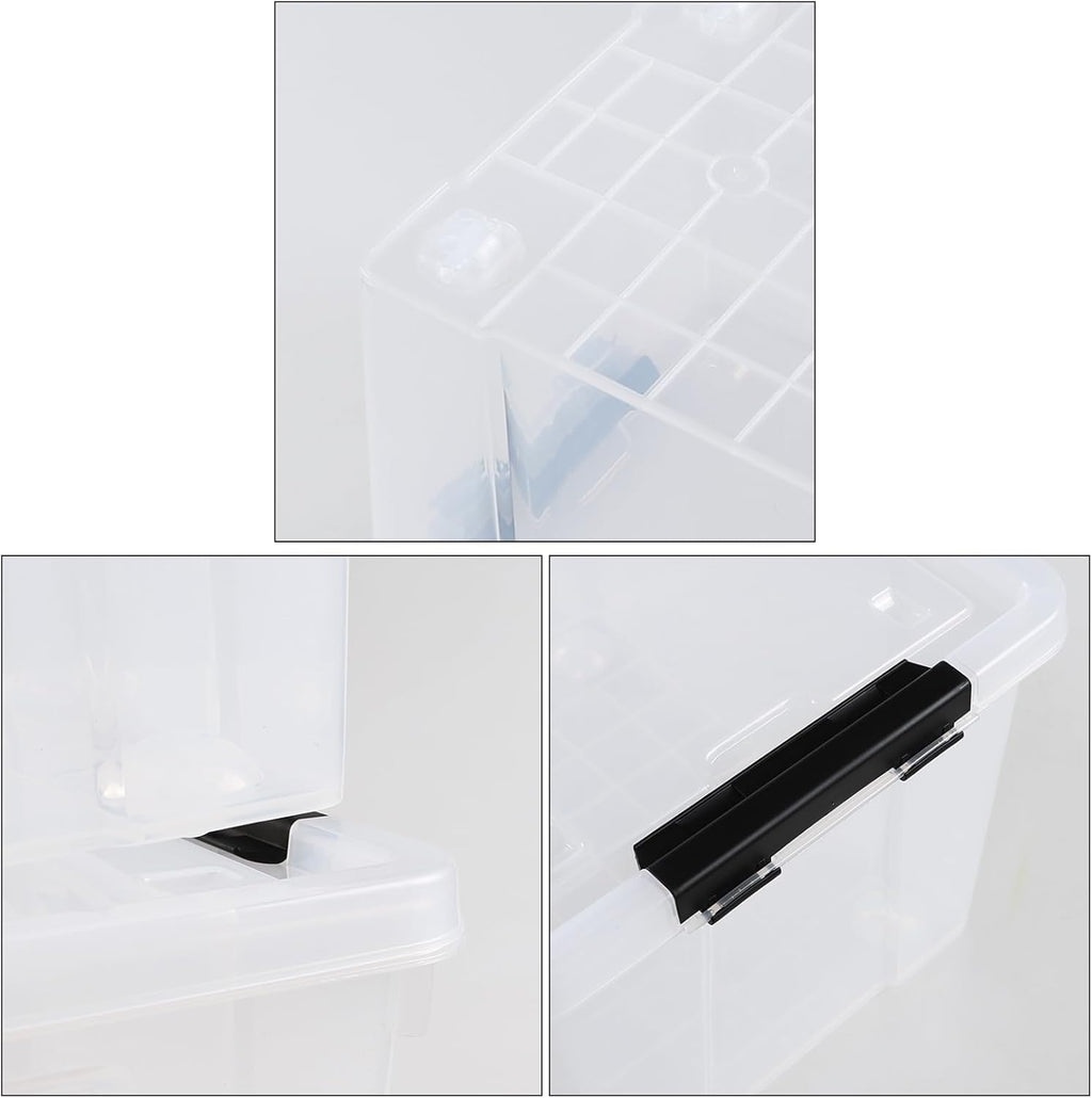 Set of 4 50 L Stackable Plastic Storage Container with Latching Lids and Wheels, Clear Home Garage