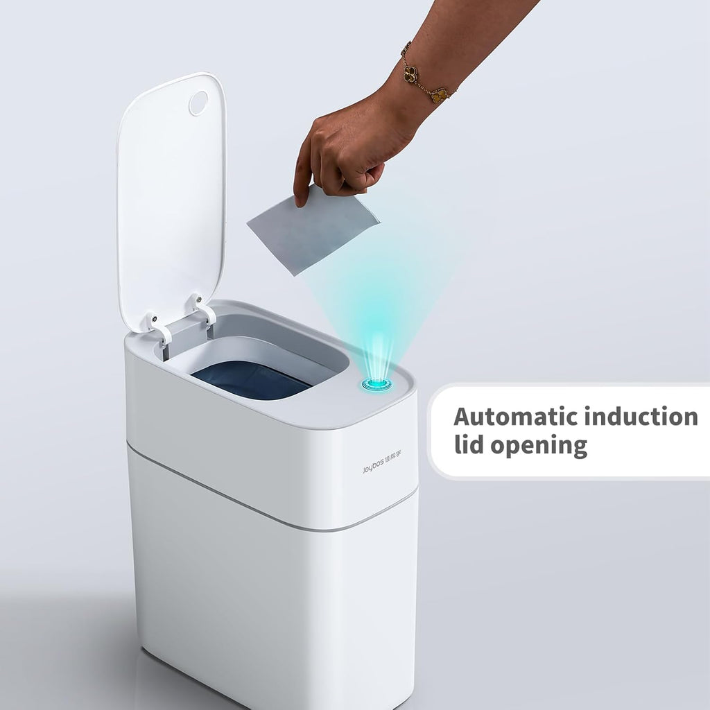JOYBOS Small Bathroom Trash Cans with Lids,3.8 Gallon Slim White Plastic Automatic Garbage