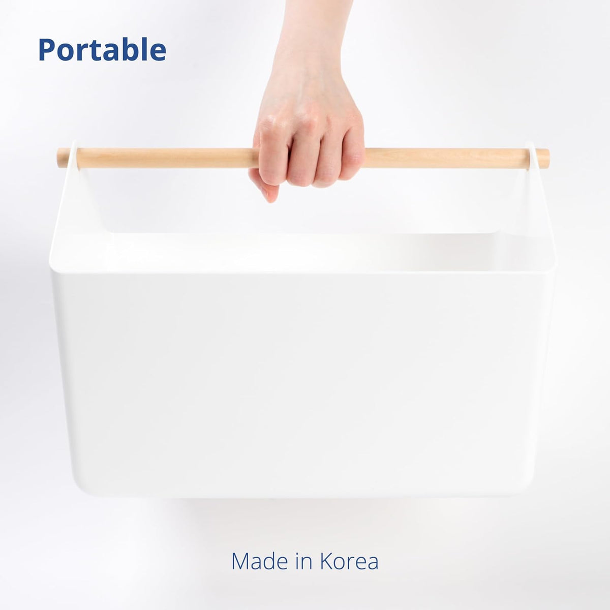 BLUE GINKGO Large Storage Basket – Plastic Caddy with Wooden Handle for Bathroom, Pantry, or