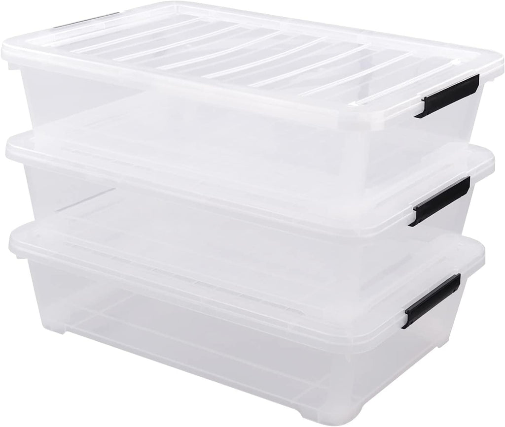 40 Quart Clear Plastic Underbed Storage Container, Wheeled Latching Storage Box for Shoes, Bags