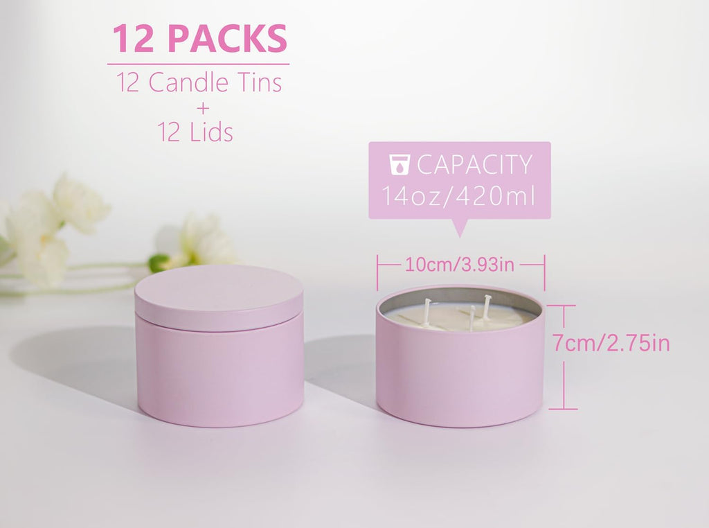 Candle Tins with Lids, 3-Wick Jars 14oz/420ml - 12 Pack Seamless Bulk Containers for Candle Making