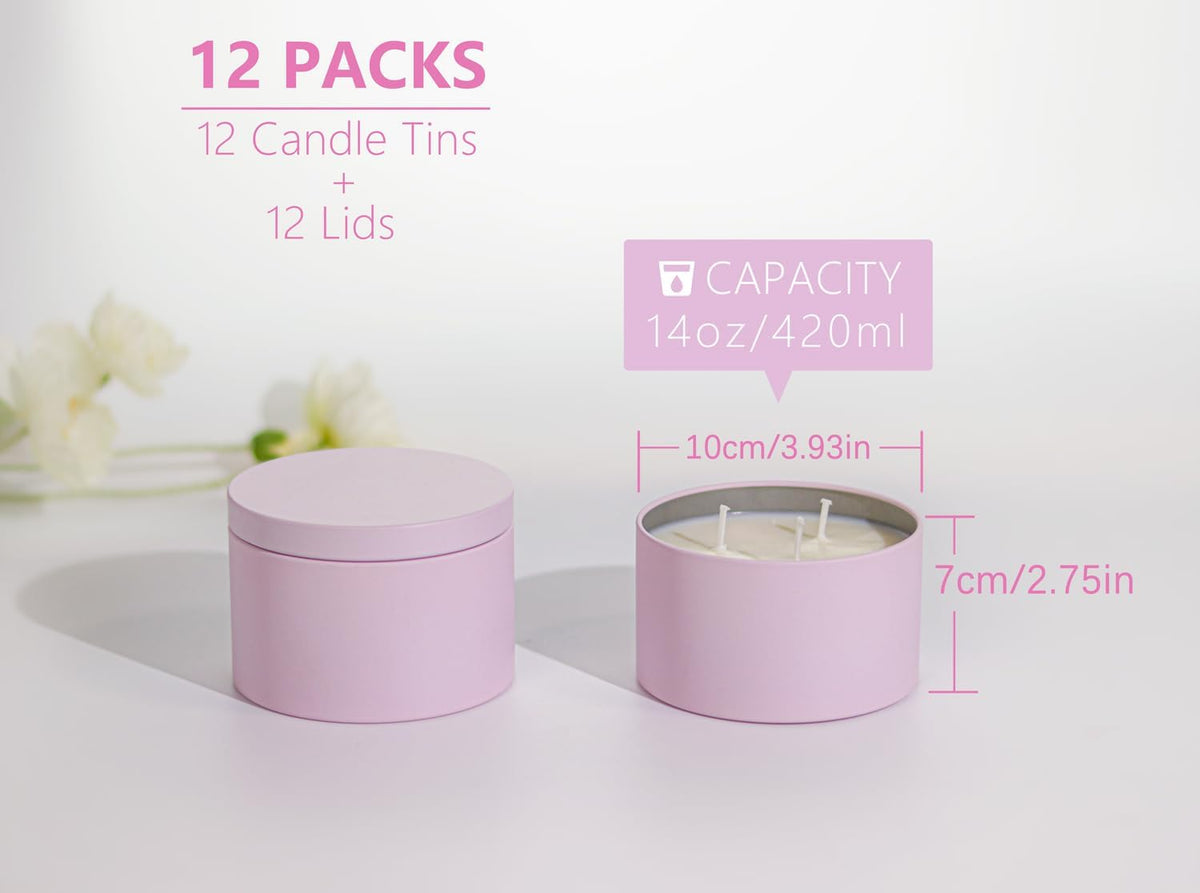 Candle Tins with Lids, 3-Wick Jars 14oz/420ml - 12 Pack Seamless Bulk Containers for Candle Making