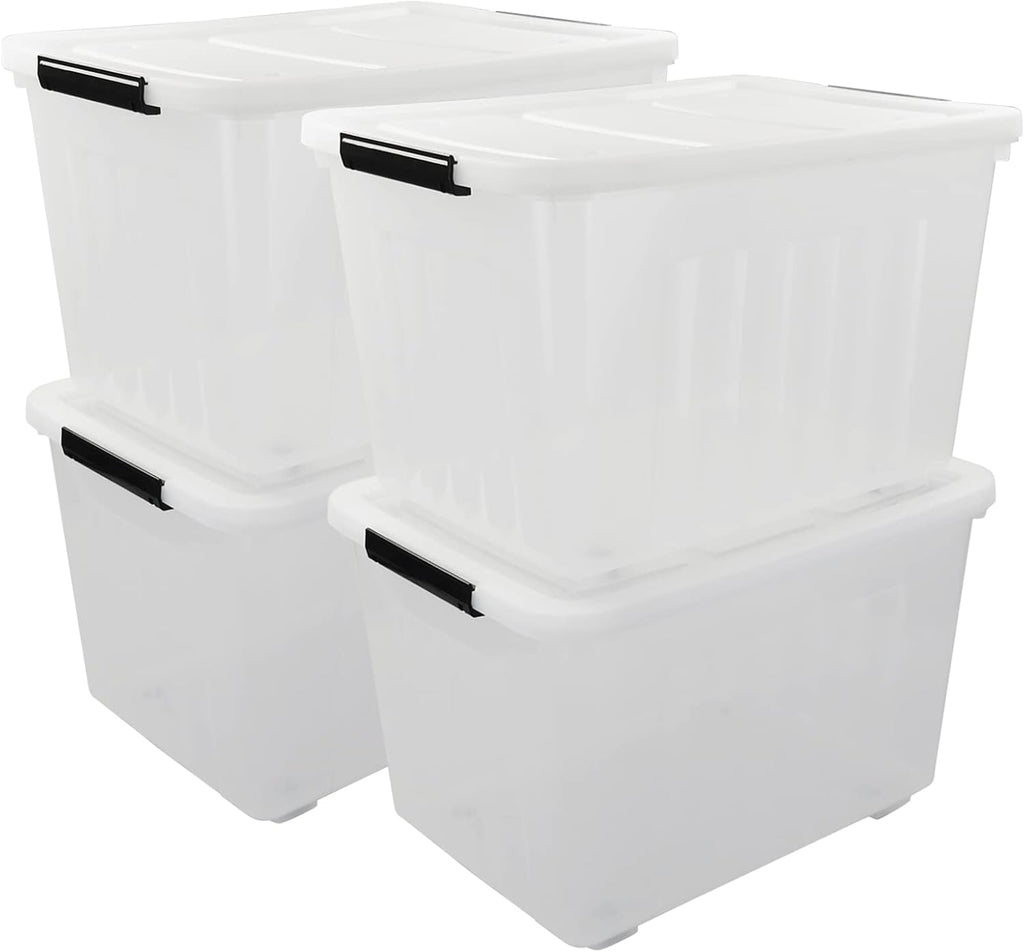 4 Packs 70L Large Plastic Storage Container with Wheels and Latching Lid, Stackable Storage