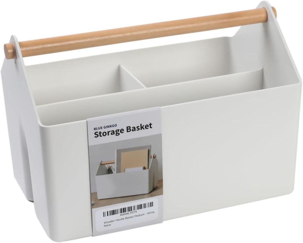 BLUE GINKGO Medium Storage Basket – Plastic Caddy with Wooden Handle for Office, Arts & Crafts, or