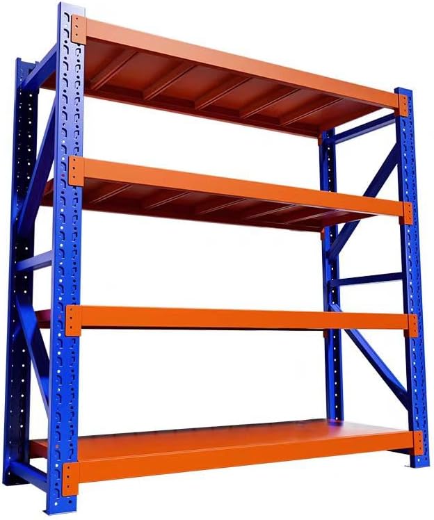 Industrial Metal Storage Shelves - Large, Heavy Duty, 4 Levels, Blue & Orange, Warehouse Racking