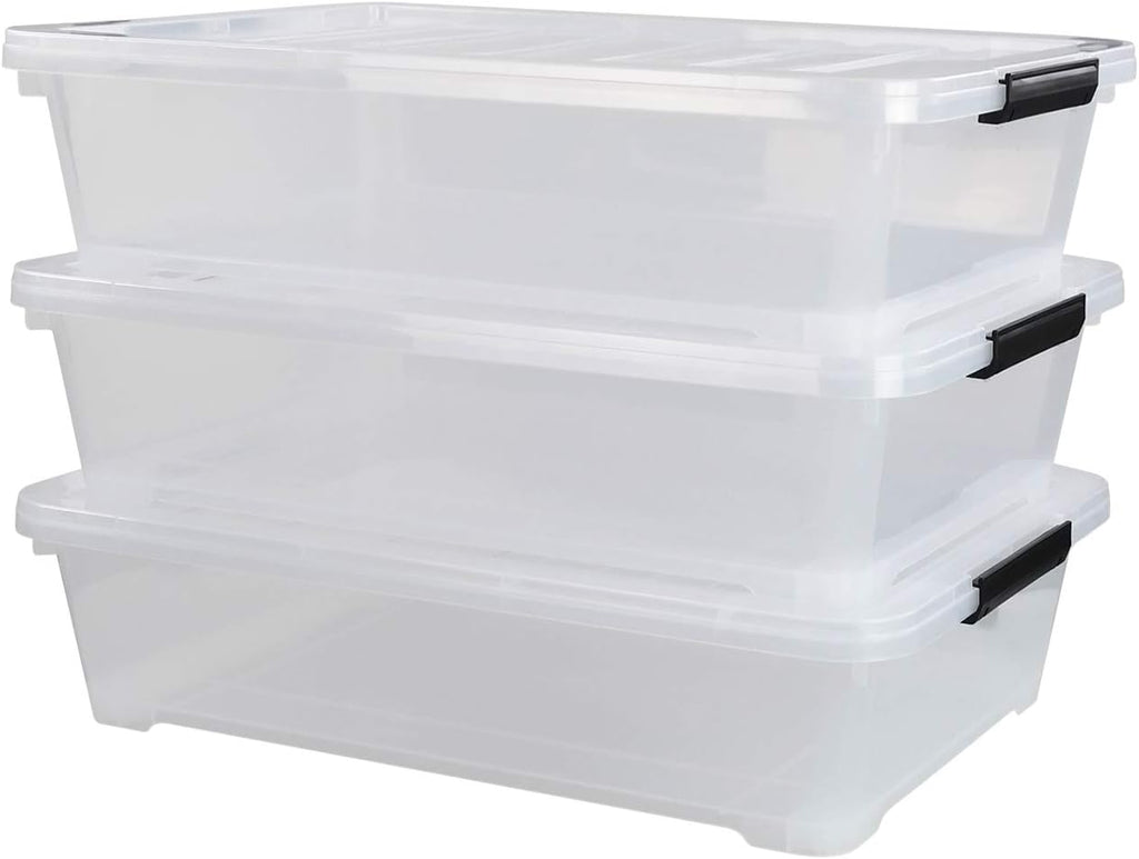 3-Pack Plastic Under Bed Storage Box Container, 40 Quart Clear Stackable Storage Box Wheeled