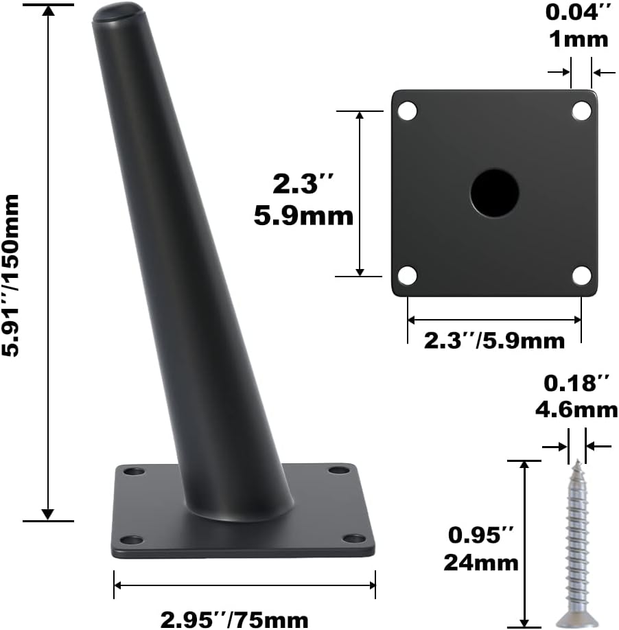 4PCS 6 Inch Matte Black Tapered Angled Legs for Furniture, Metal Mid Century Mordern Feet, Heavy