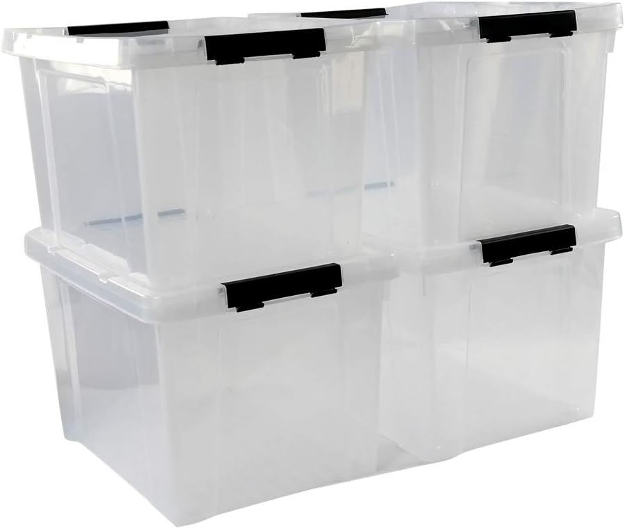 Ggbin 4 Packs 50 Quart Plastic Container Bin with Lids, Latching Storage Box with Wheels, Clear