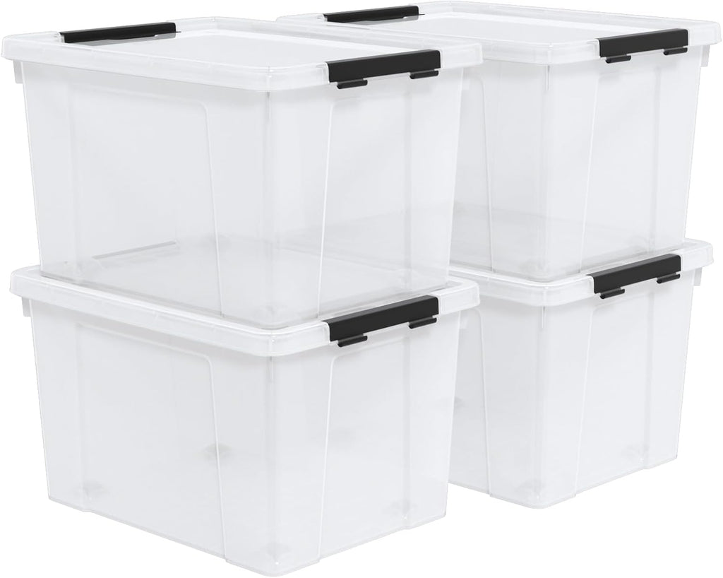 Set of 4 50 L Stackable Plastic Storage Container with Latching Lids and Wheels, Clear Home Garage