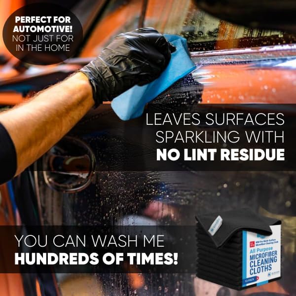 12" x 12" Pro Multi-Surface Microfiber Cleaning Cloths | Black - 12 Pack | Premium Microfiber