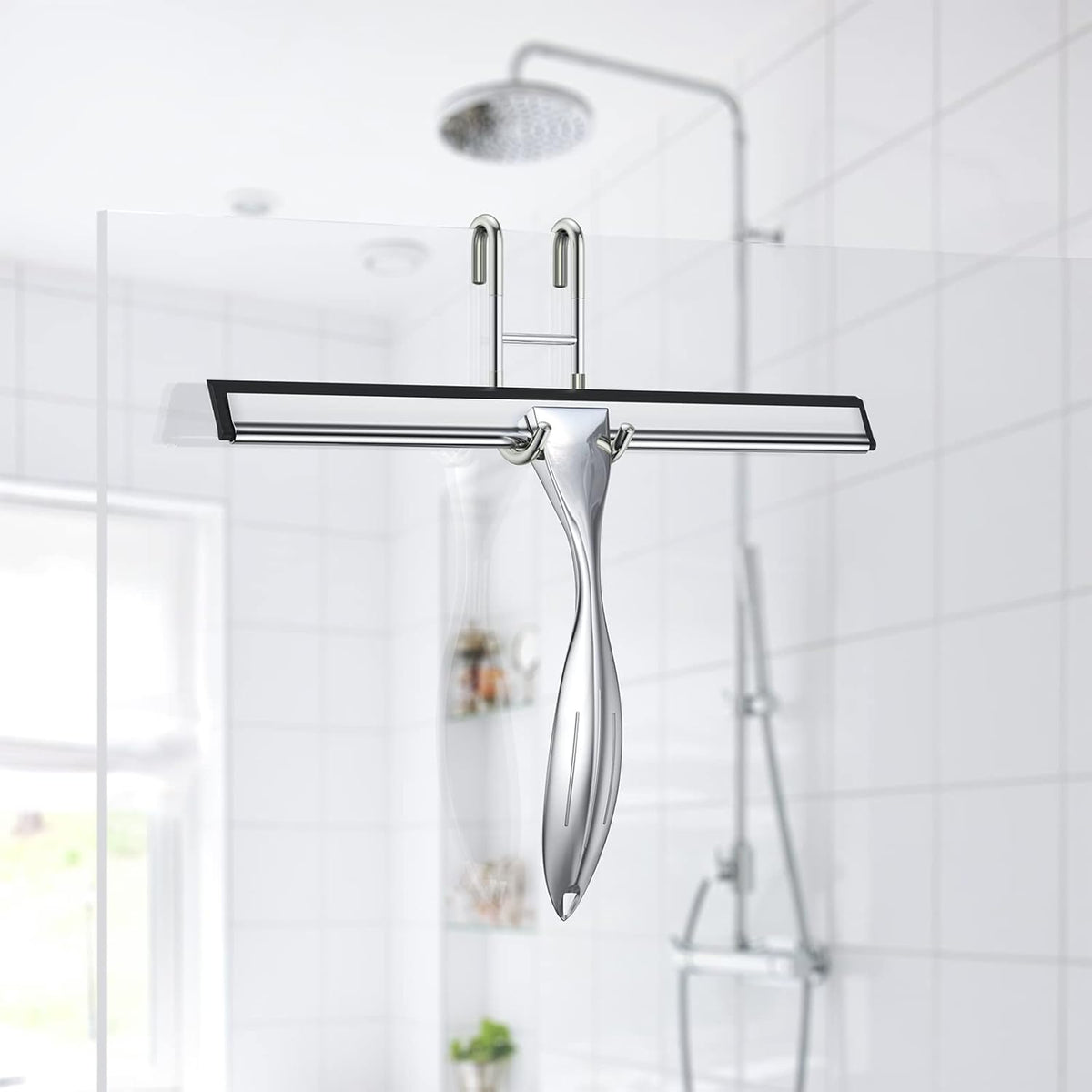 14-Inches Stainless Steel Shower Squeegee Set, Include Shower Door Hook, Adhesive Hook and Spare