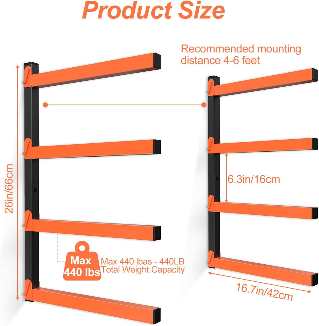 NANANARDOSO Wall Mount Wood Organizer and Lumber Storage,Heavy Duty Metal Shelf with 4-Level,Lumber