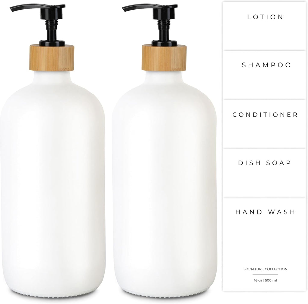 Emerson Glass Soap Dispenser Set - 16 Oz, 2-Pack with Pump and Labels for Kitchen and Bathroom