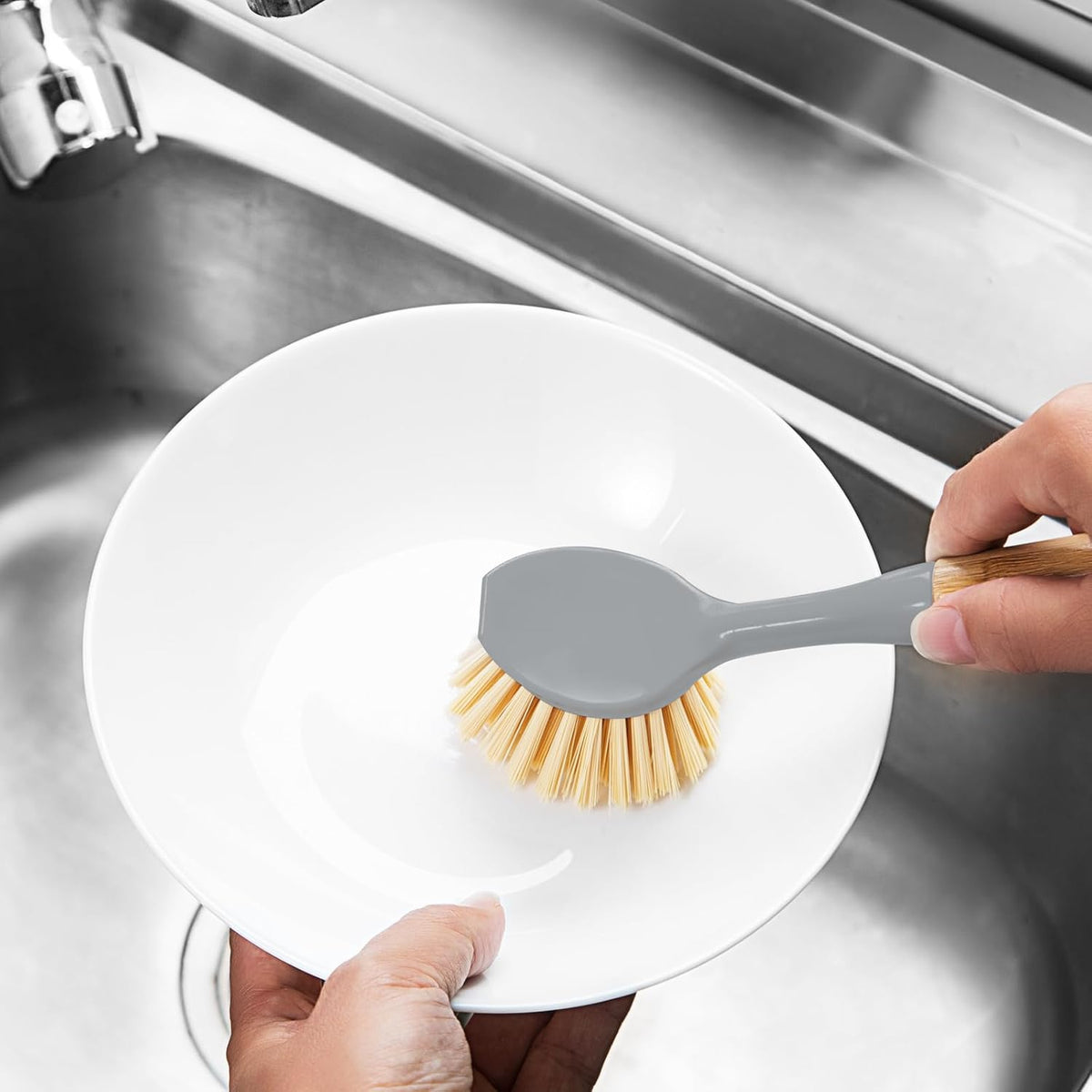 2 Pack Dish Brushes with Bamboo Handle, Kitchen Dish Scrubber Built-in Scraper, Scrub Brush for