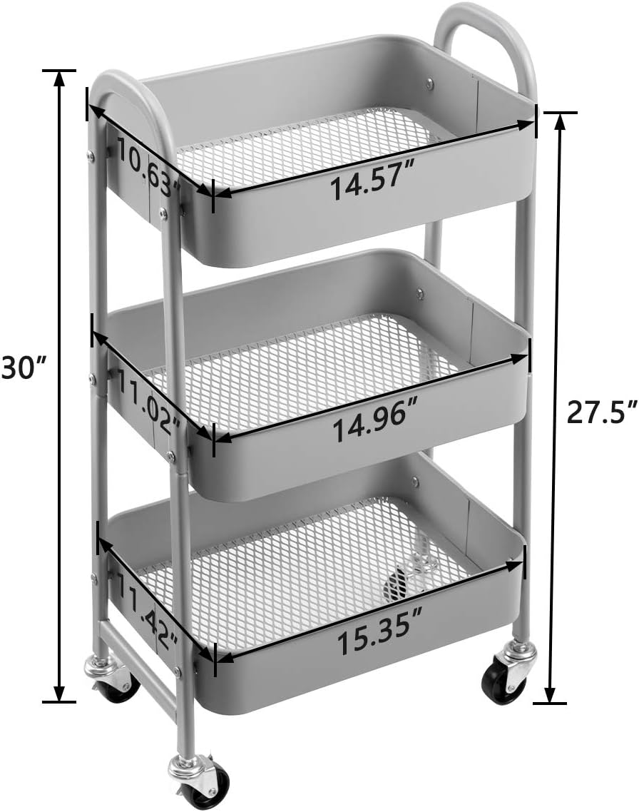 AGTEK Makeup Cart, Movable Rolling Organizer Cart, 3 Tier Metal Utility Cart, Grey