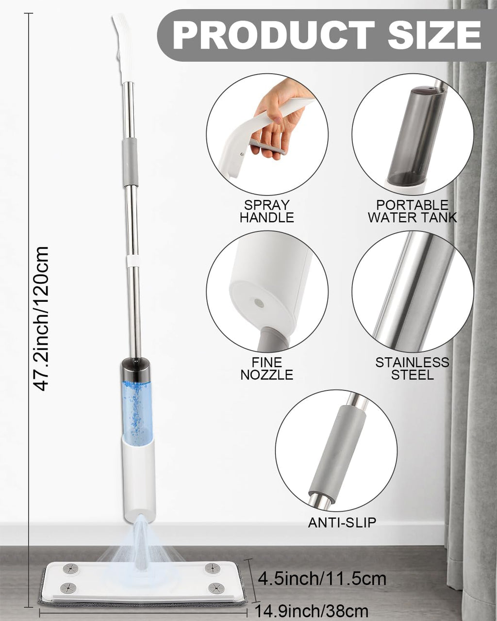 Spray Mop for Floor Cleaning Refillable Bottle with 2 Washable Reusable Microfiber Pads,Mop for
