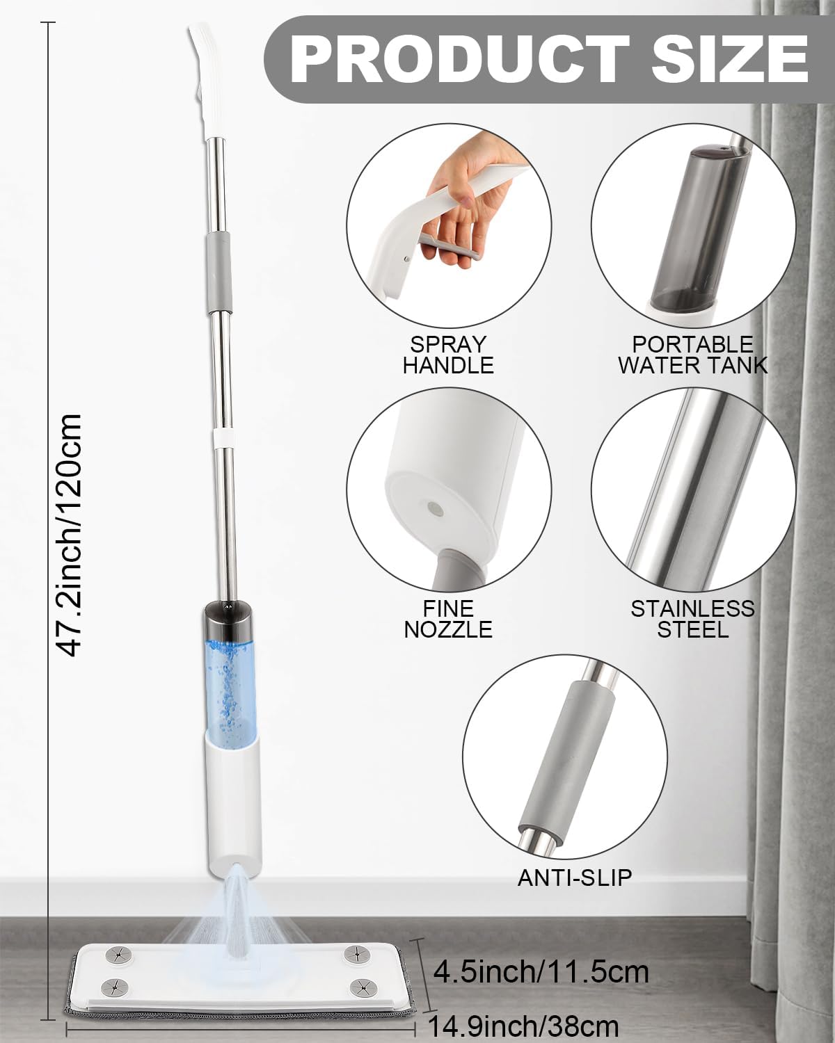Spray Mop for Floor Cleaning Refillable Bottle with 2 Washable Reusable Microfiber Pads,Mop for