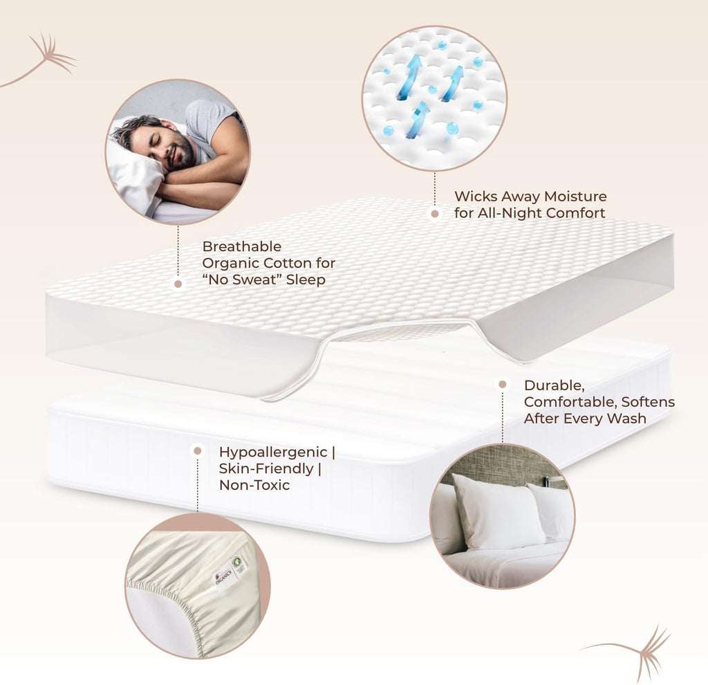 100% Cotton Organic Mattress Pad - Breathable & Cooling Mattress Protector Twin XL Size - Premium