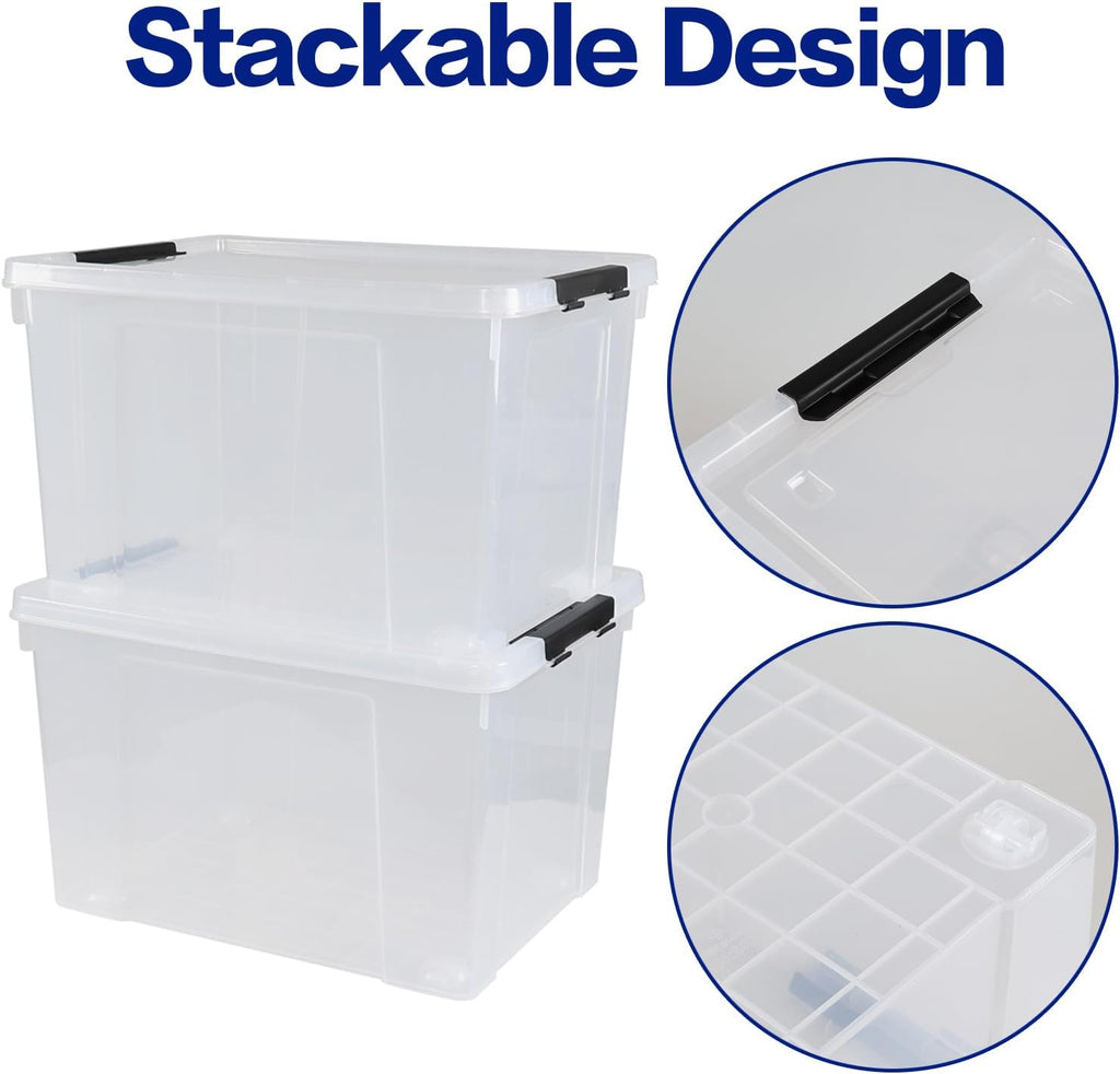 50 L Large Plastic Storage Bins with Latching Lids and Wheels, 4-Pack Clear Stackable Boxes for