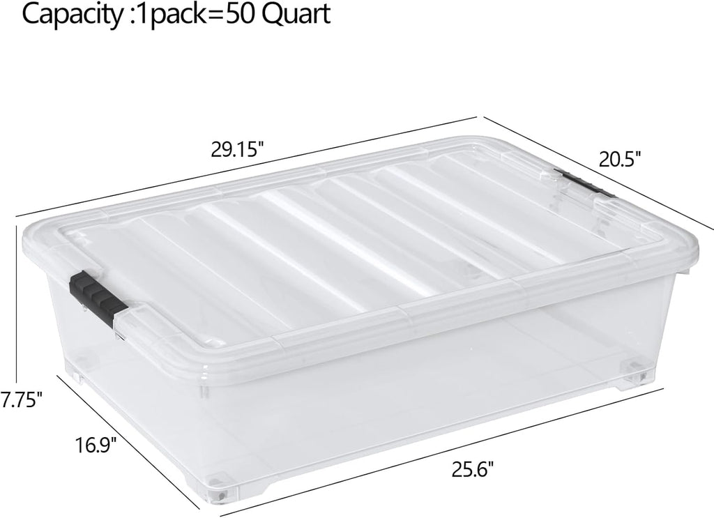 50 Quart Plastic Under Bed Storage Boxes, Clear Under Bed Storage Containers with Wheels, 3-Pack