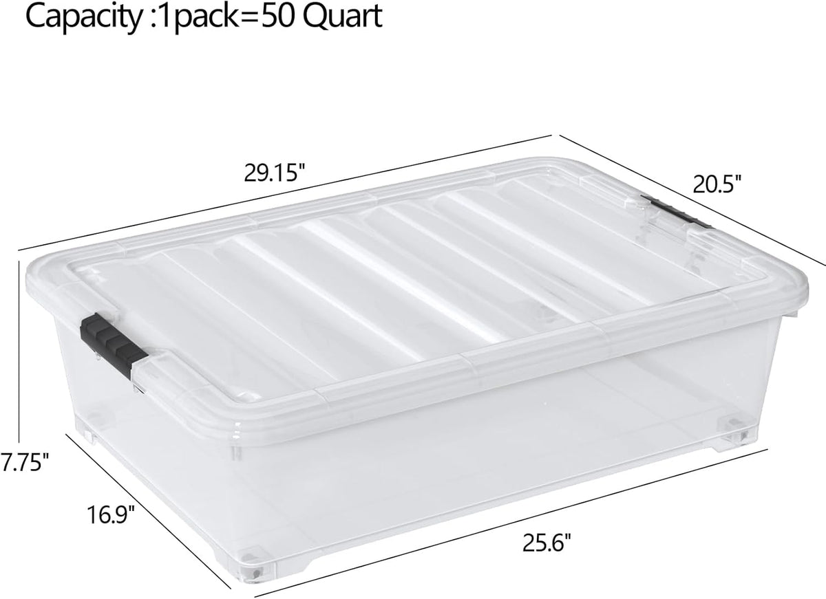 50 Quart Plastic Under Bed Storage Boxes, Clear Under Bed Storage Containers with Wheels, 3-Pack