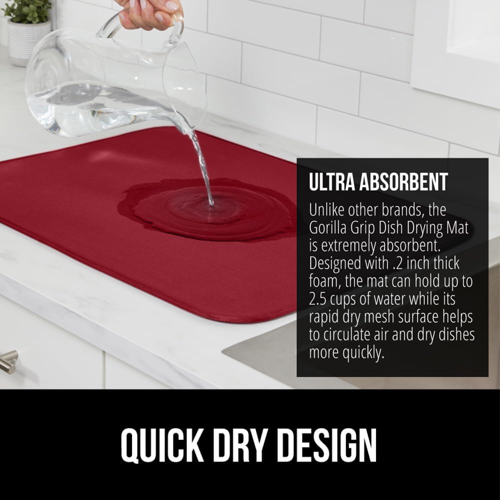 GORILLA GRIP Ultra Water Absorbent Microfiber Dish Drying Mat, Quick Dry Thick Mesh, Slip Resistant