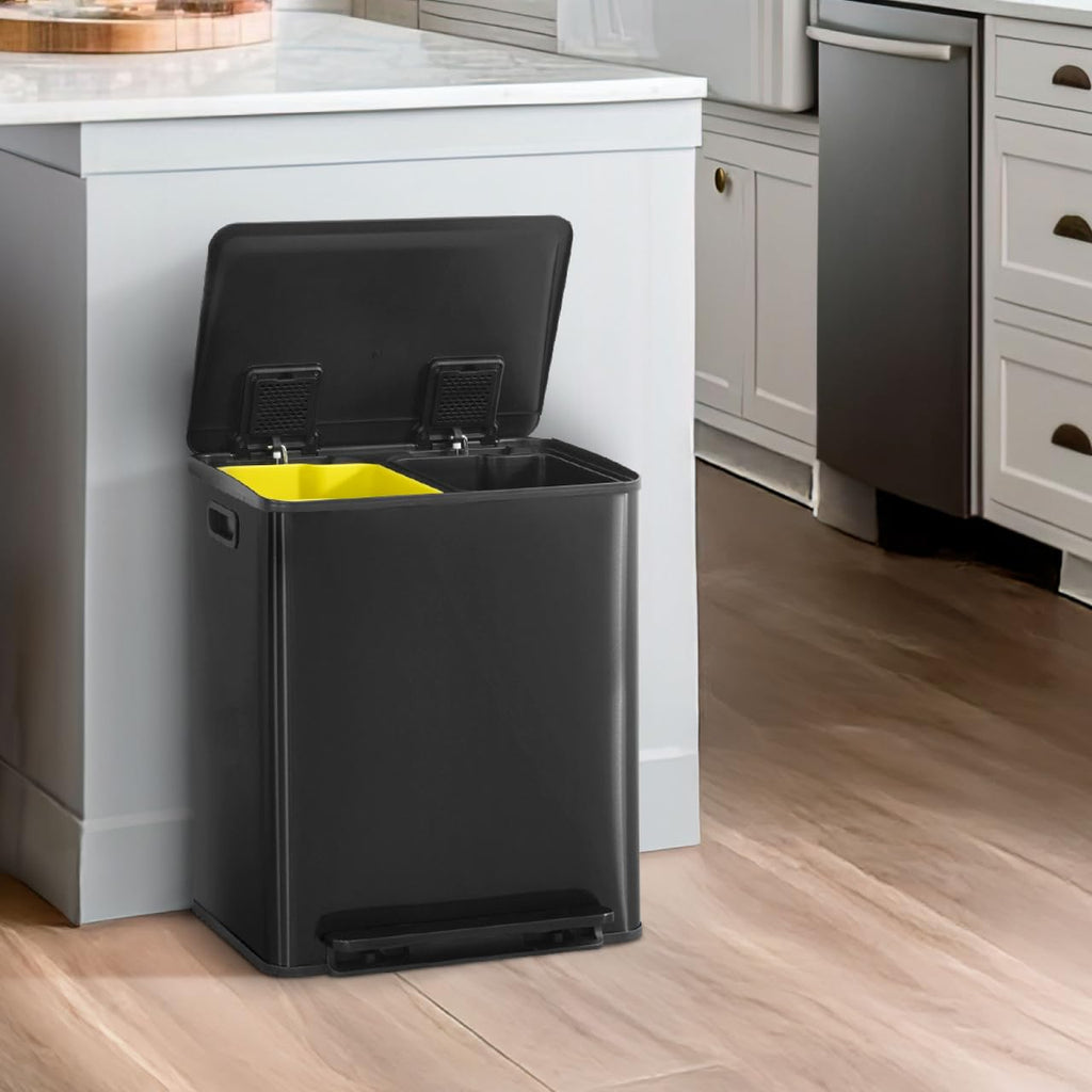 CAPHAUS Black Dual Trash Can w/Single Lid, Trash & Recycle Bins Combo, Hands-Free Stainless-Steel