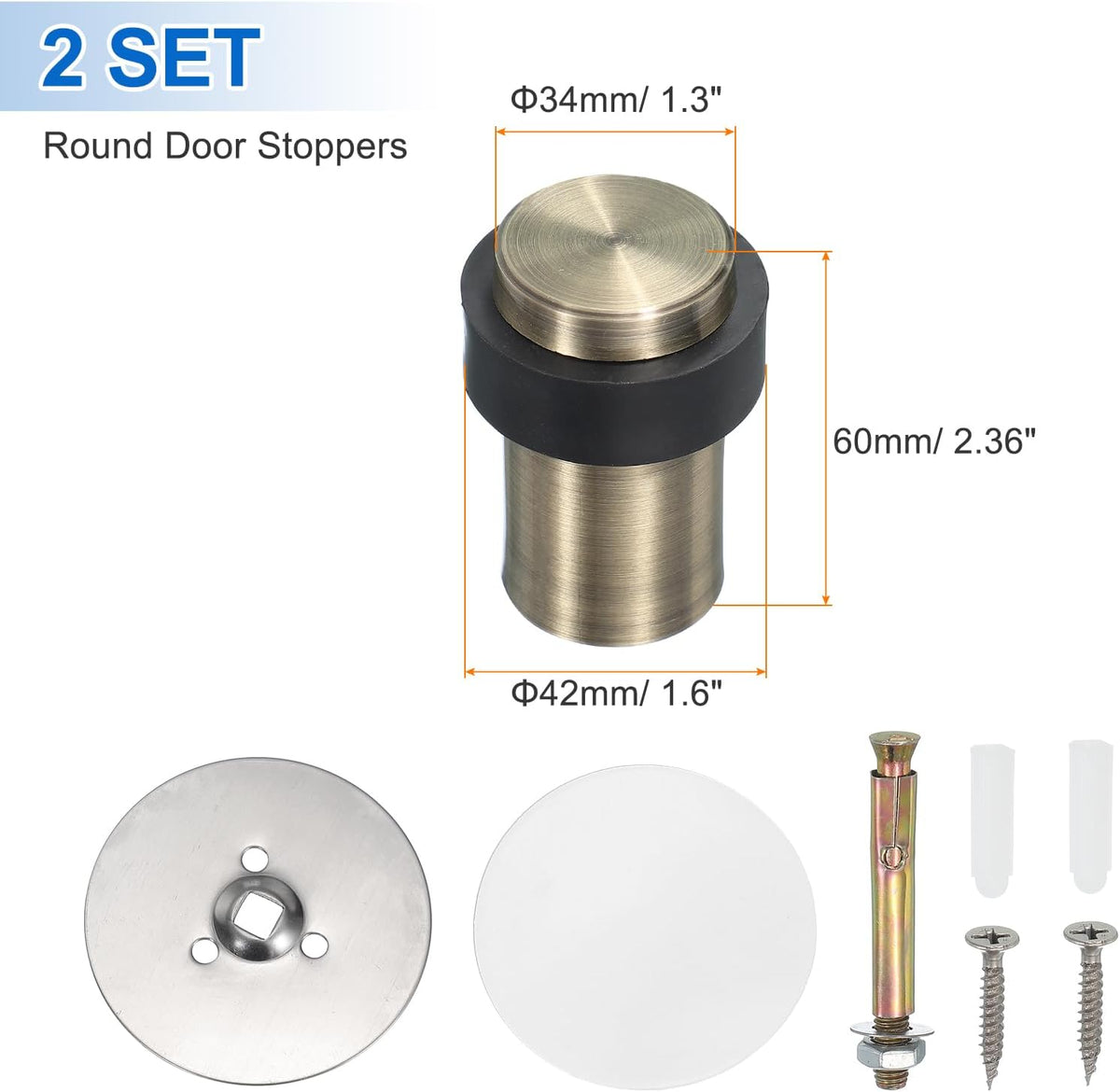 PATIKIL 2Set Round Door Stoppers, 60mm Stainless Steel Door Stop Doorstop Wedge Metal Cylinder Self