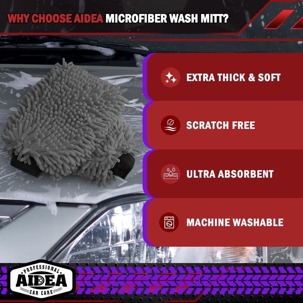 AIDEA Car Wash Mitt Microfiber-2Pack, Scratch-Free& Lint-Free, Premium Chenille Microfiber Wash