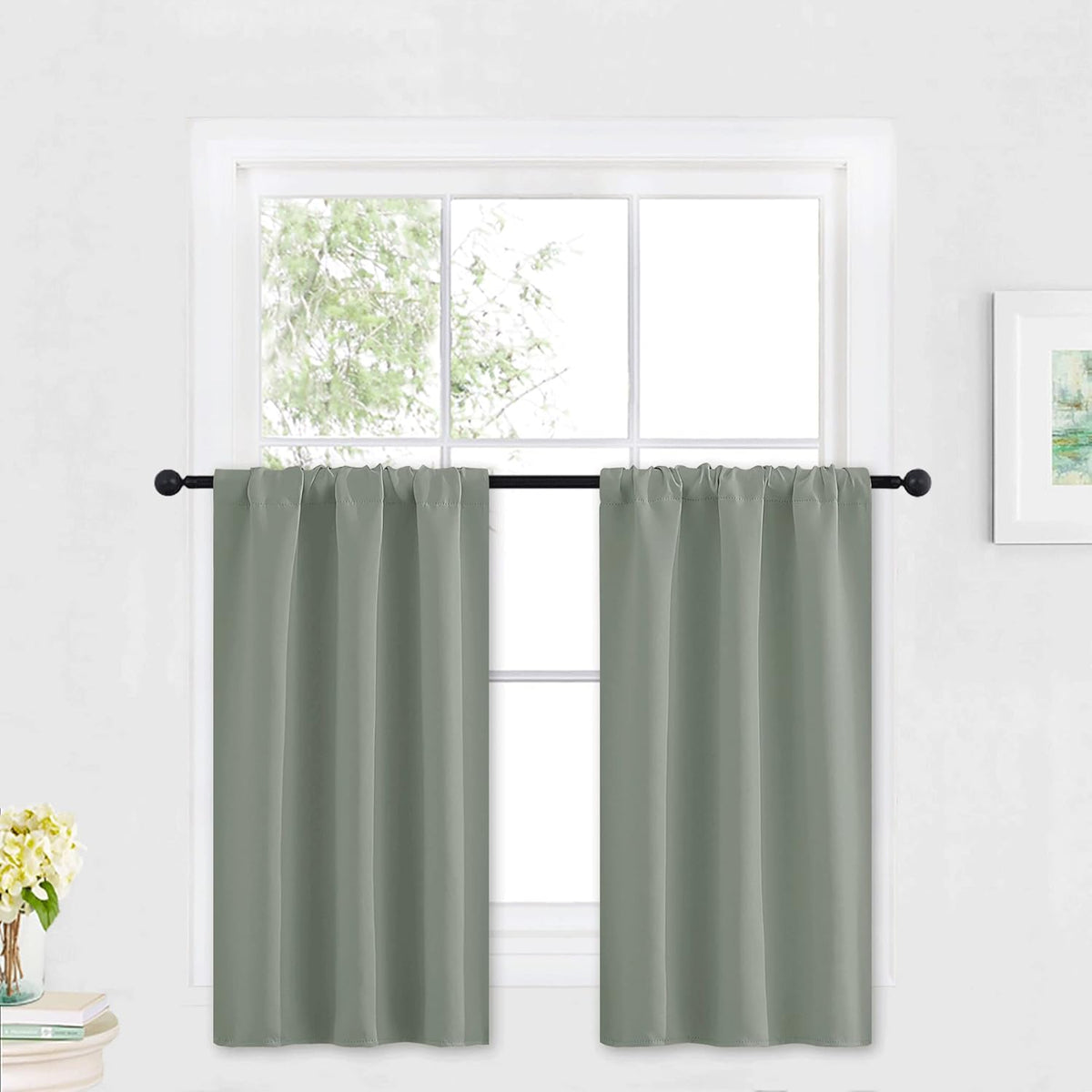 RYB HOME Grayish Green Short Curtains Blackout, 30 inch Durable Cafe Curtains Room Darkening Window