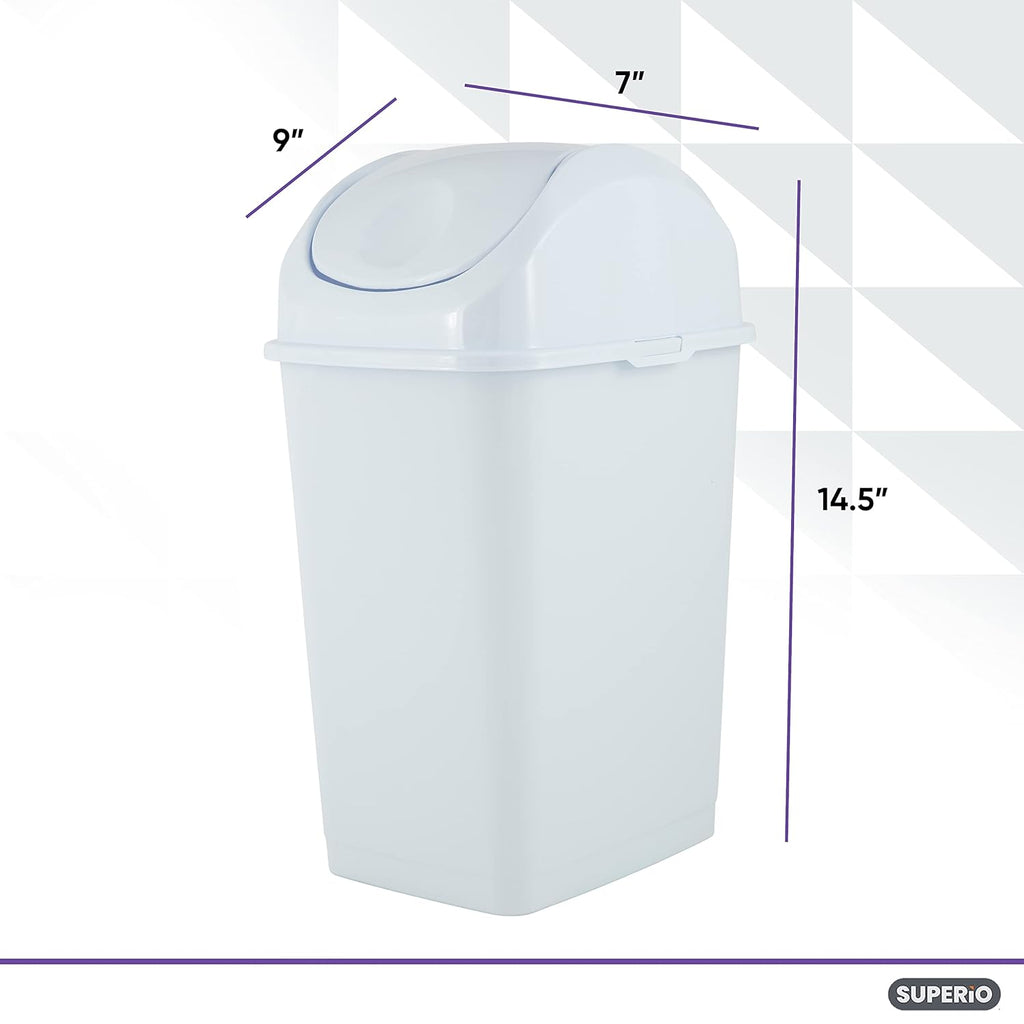 Superio Small Plastic Trash Can with Swing Top Lid, Compact Slim Waste Bin for Under Desk, Office