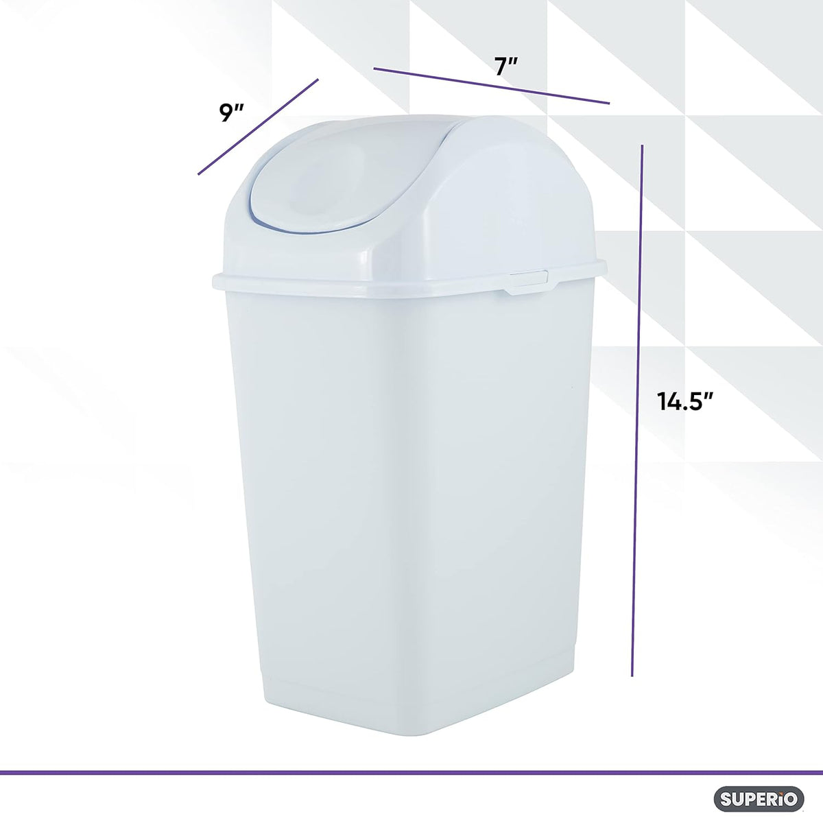 Superio Small 2.5 Gallon Plastic Trash Can with Swing Top Lid, Compact Slim Waste Bin for Under