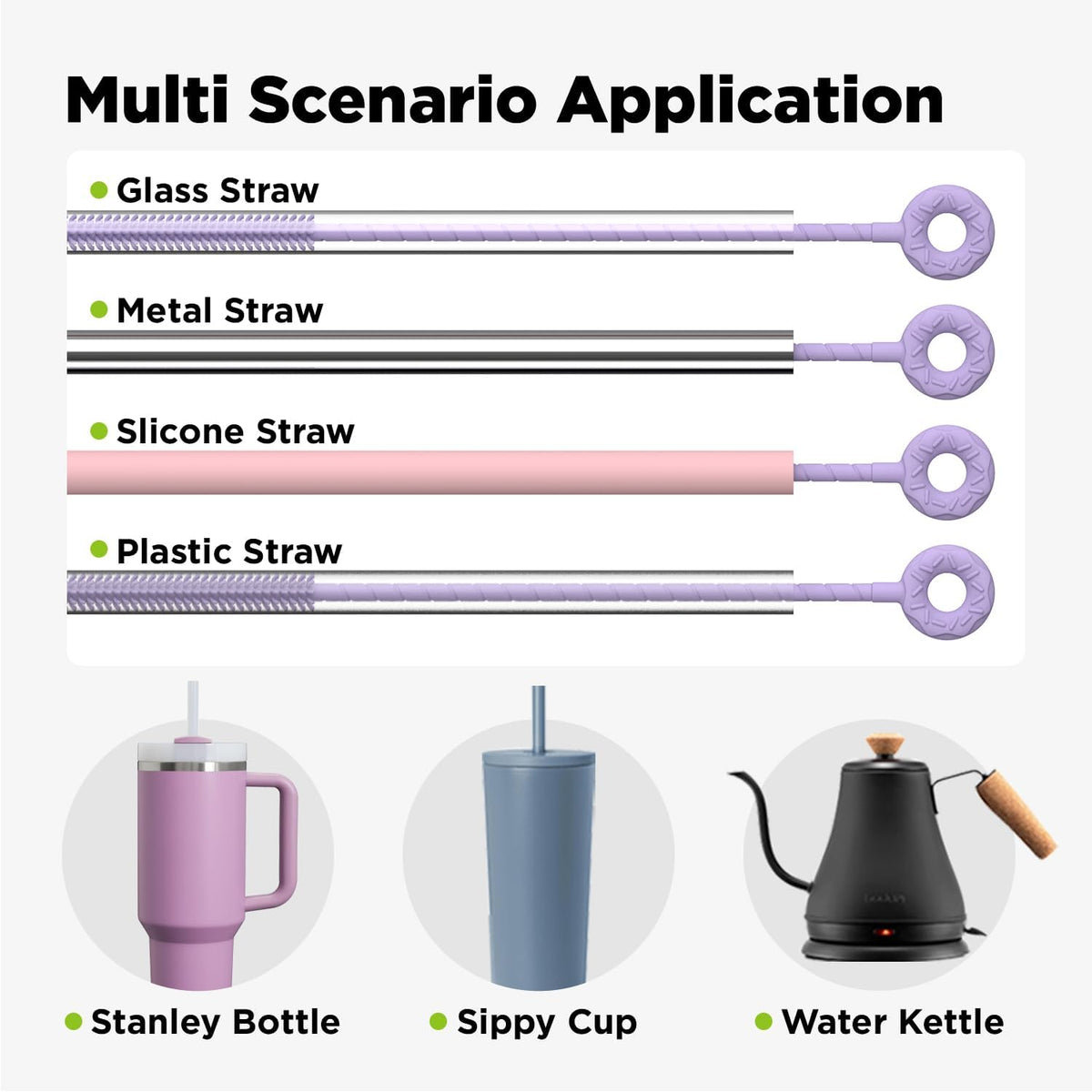 2 Pcs Silicone Straw Cleaner Brush, Extra Long Cleaning Brushes for Straws, 6mm&9mm, Purple