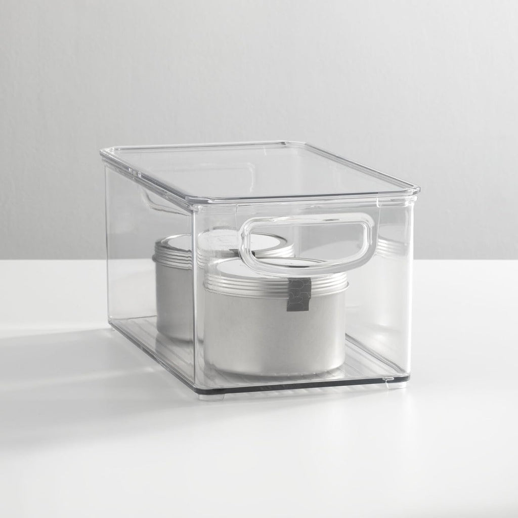mDesign Plastic Deep Storage Bin Box Container with Lid and Built-In Handles - Organization for