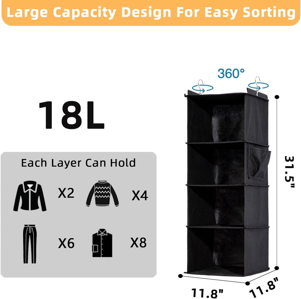 2 Packs Hanging Closet Organizer, 4-Shelf Closet Organizers and Storage with Side Pockets