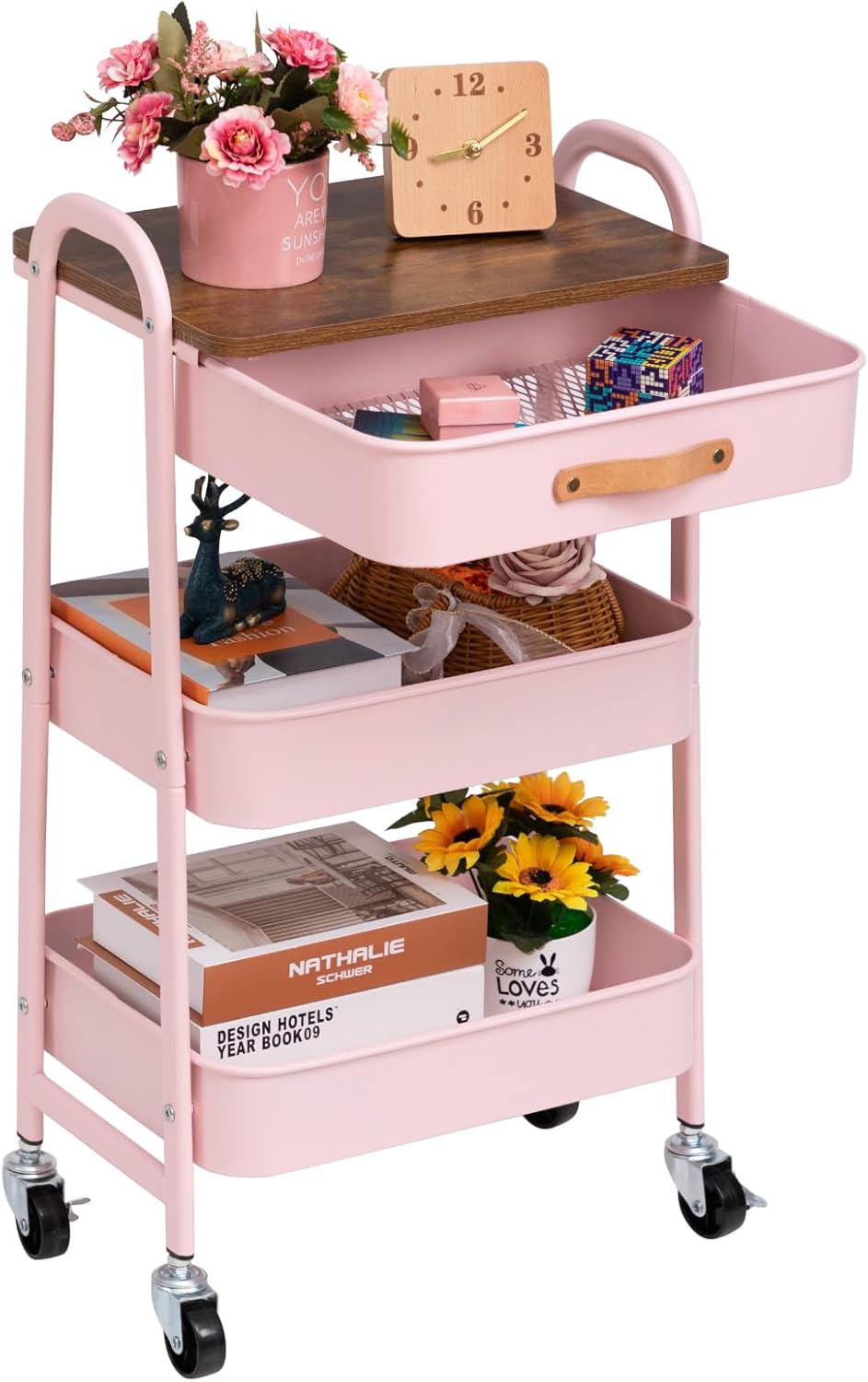 AGTEK Makeup Organizer Cart with Drawer, 3-Tier Metal Utility Cart with Hanging Cups, Leather