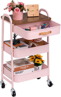 AGTEK Makeup Organizer Cart with Drawer, 3-Tier Metal Utility Cart with Hanging Cups, Leather