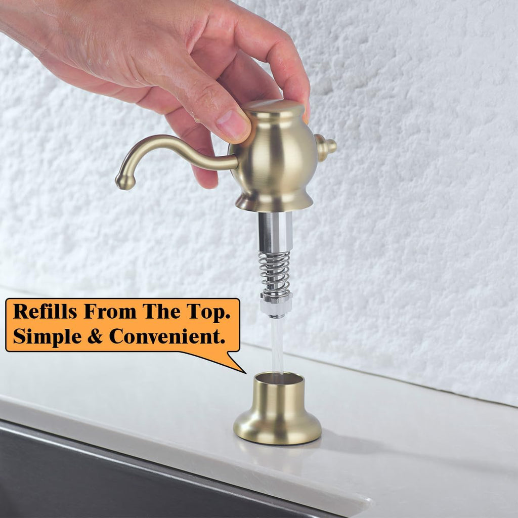 RANDOM Built in Sink Soap Dispenser for Kitchen Sink,Brushed Gold Solid Brass Pump Head with Soap