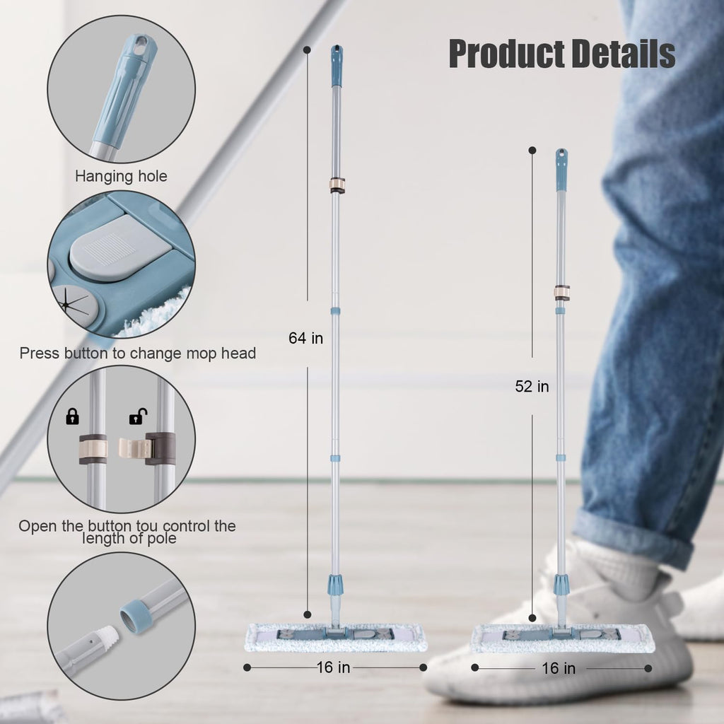 Dust Mop for Floor Cleaning,Magnetic Floor Flat Mop with 2 Washable Pads -Extendable 64‘’ Iron