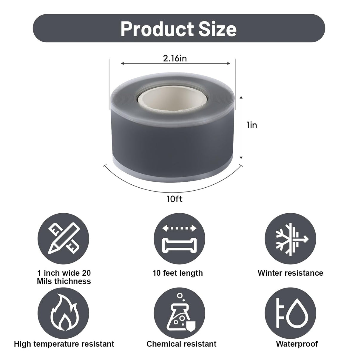 Self Fusing Silicone Tape 2 Rolls 1 in x 10' Grey Waterproof Rescue Tape Rubber Leak Silicone