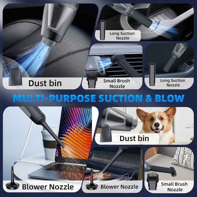 PATO Handheld Vacuum, 13000PA Portable Cordless Car Vacuum Cleaner, Suction and Blow 2-in-1 Dust