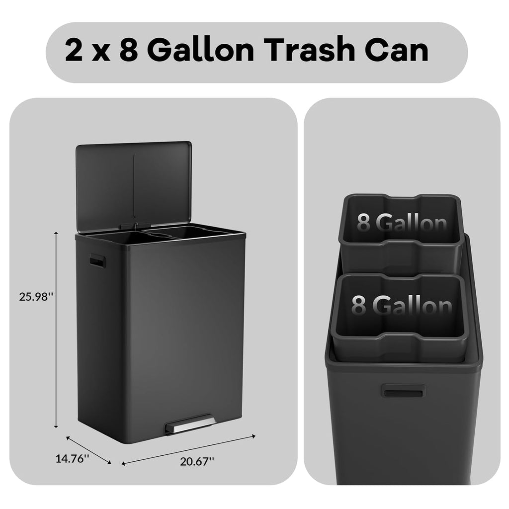 GarveeHome Step Dual Trash Can, 60L/16 Gallon Recycle Bins with Lid, 2 Removable Wastebusket, Step