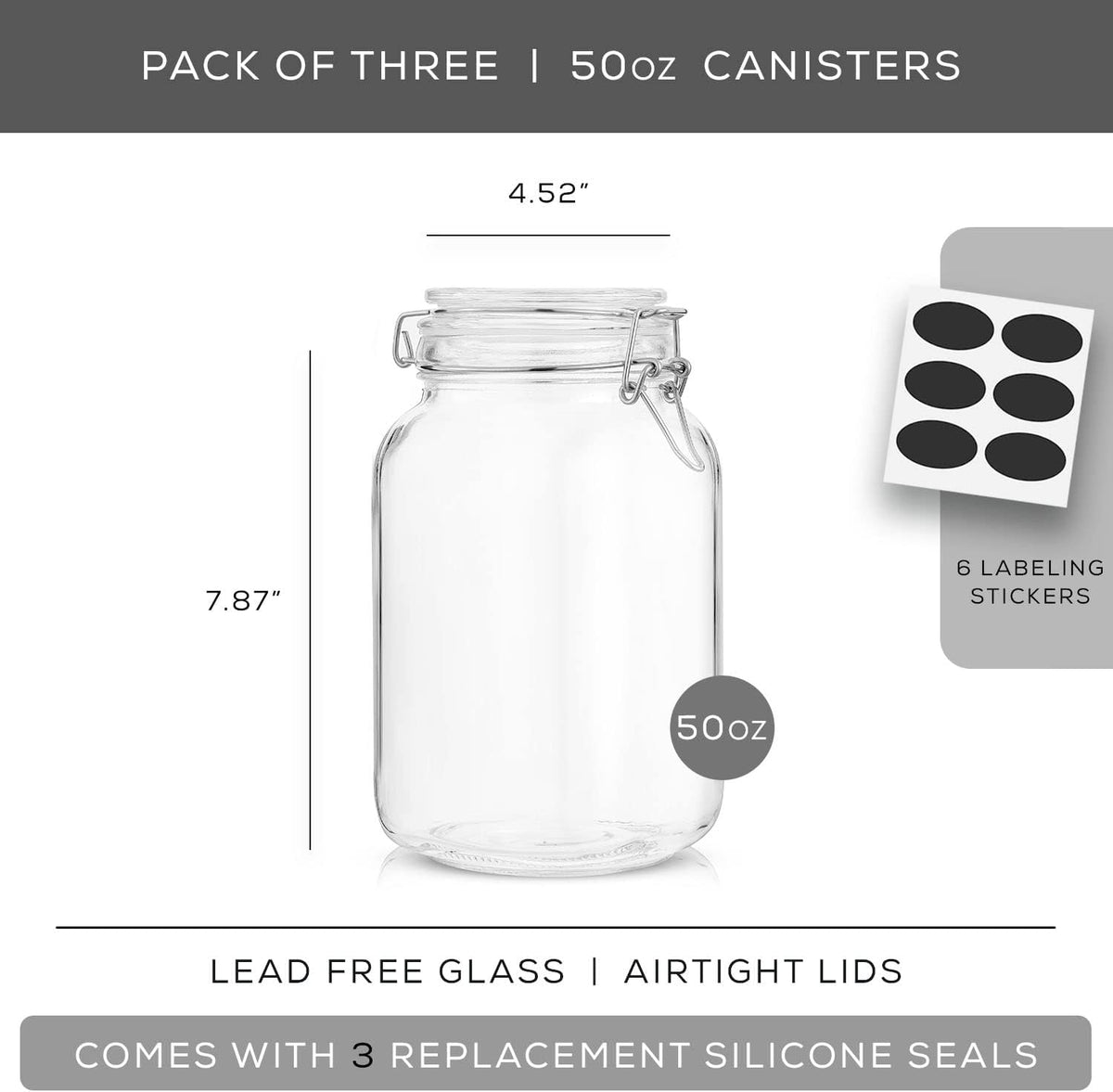 Airtight Glass Jars with Lids Set of 3. 50oz Glass Jar with Lid and 6 Silicone Seals! Med Glass