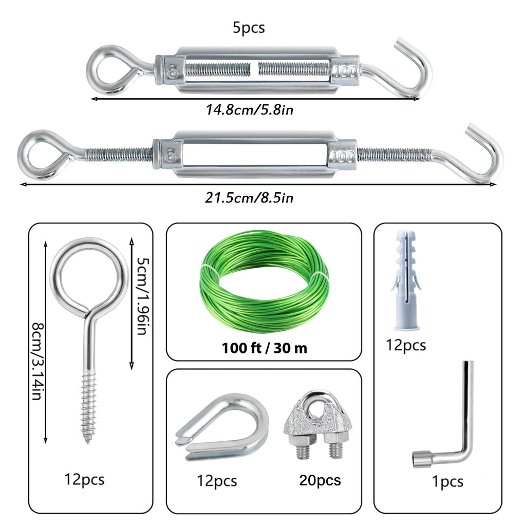100 Ft Turnbuckles for Cables Wire, 3/16" Green PVC Coated Wire Rope Kit, Multi-use Steel Cable for