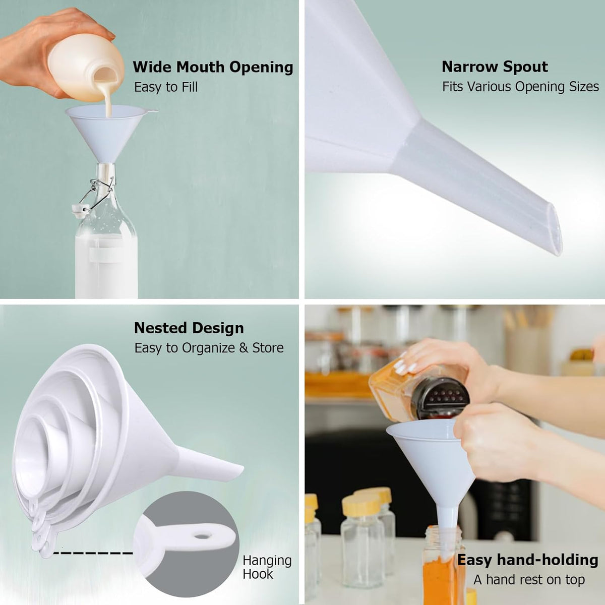 6 Pack Funnels for Kitchen Automotive Use Filling Bottles, Plastic Funnels Assorted 4 Sizes