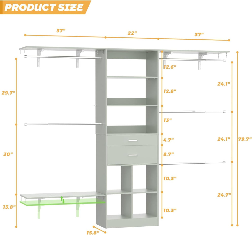 Closet System - 4.75-8FT Closet Organizer System with Wooden Drawers & Cube Storage Organizer, Up