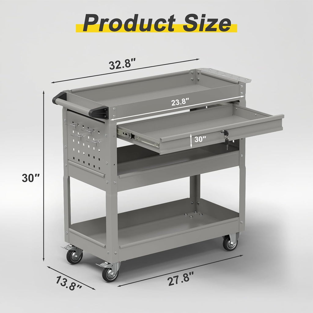 3-Tier Rolling Tool Cart with Drawers, Heavy Duty Utility Storage Cart with pegboard, Lockable