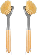 2 Pack Dish Brushes with Bamboo Handle, Kitchen Dish Scrubber Built-in Scraper, Scrub Brush for