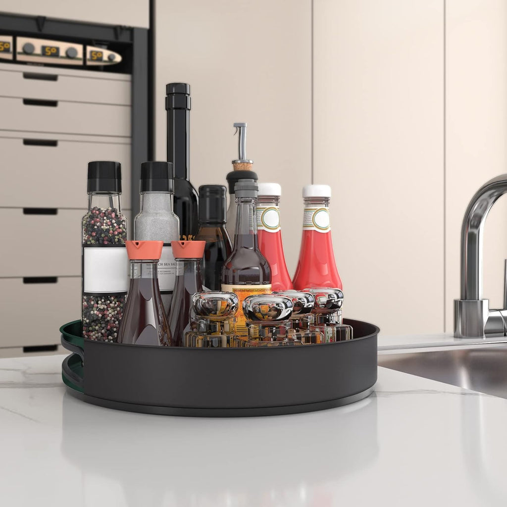 VAEHOLD Lazy Susan Stainless Steel Black Spice Rack Turntable for Pantry Cabinet - Decorative Trays