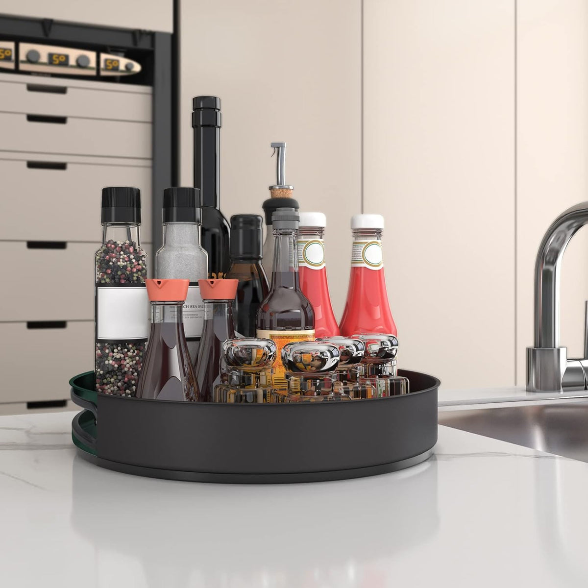 VAEHOLD Lazy Susan Stainless Steel Black Spice Rack Turntable for Pantry Cabinet - Decorative Trays
